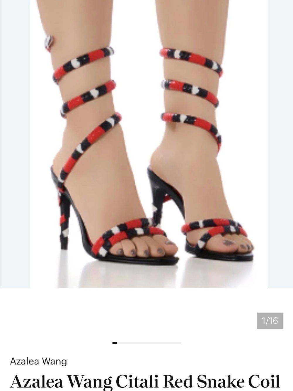 AKIRA Red, Black & White Snake Coil Wrap High Heels